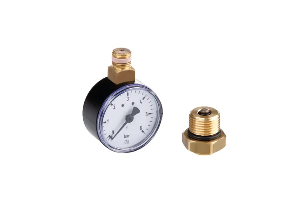 Manometer von TECE mit sichtbarem Ziffernblatt und montierten Ventilanschluss, zur Druckmessung in Heizungs- oder Wassersystemen geeignet.